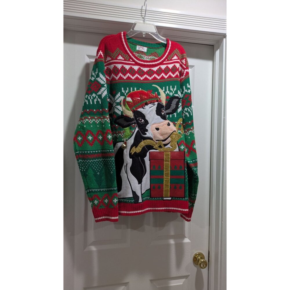 Holiday Time Mens Large Sweater Cow Christmas Jingle Bells Ugly Sweater Holiday